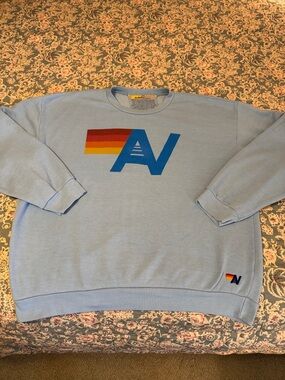 Aviator Nation Ice Blue Crewneck UNISEX Sweayshirt w/Rainbow Stripe AV Logo